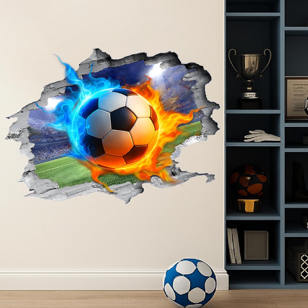 SUPERDANT 3D Soccer Wall Sticker Flame Football Wall Decals Breaking The Walls Peel and Stick Vinyl Art Mural for Boys Kids Teenager Room Playroom Home Livingroom Bedroom Nursery Decor