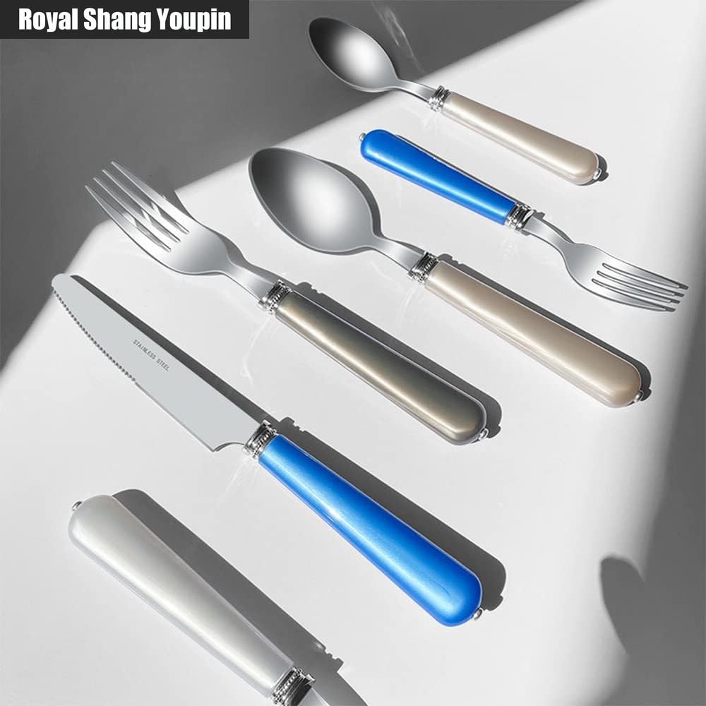 ABS Perle Poignée Cuisine Acier Inoxydable Argenterie Vaisselle Couverts Ensemble De Couverts Couteau À Steak Fourchette Cuillère Cuillère À Café Ustensiles (Beige,20 pièces)