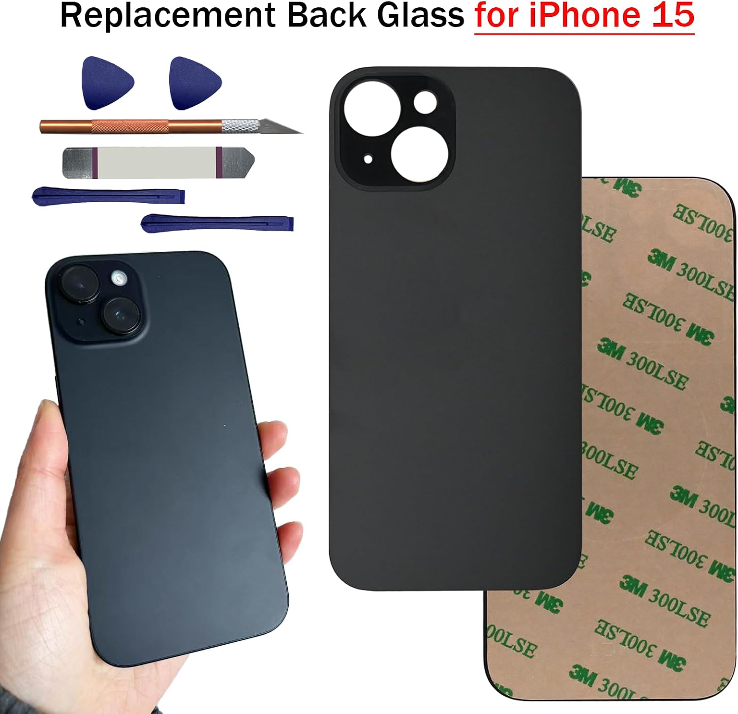 15 Back Glass Replacement for iPhone 15 Rear Back Glass Panel Replacement with Pre-Installed Adhesive + Repairing Tool Kits(Black)
