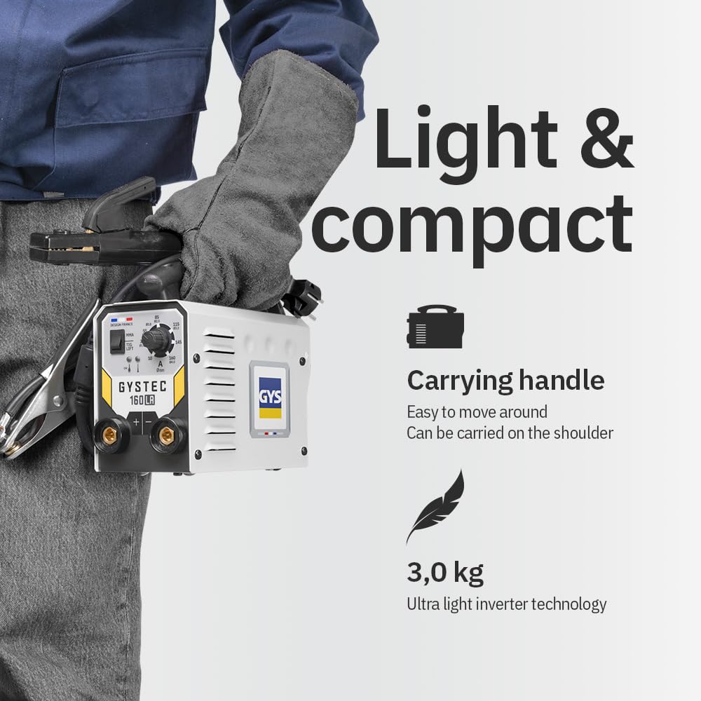 GYS, GYSTEC 160 LA, Poste à Souder à l'Électrode Enrobée 160A Monophasé 230V (MMA), TIG DC Lift, Arc Force, Antisticking, Hot Start, Avec Porte-électrode, Câble de Masse