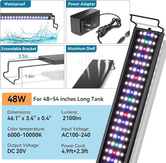 hygger Luz LED de acuario de 48 W, iluminación de espectro completo para acuarios con modo de ciclo nocturno 24/7 días, temporizador de encendido automático, brillo ajustable, 7 opciones de color