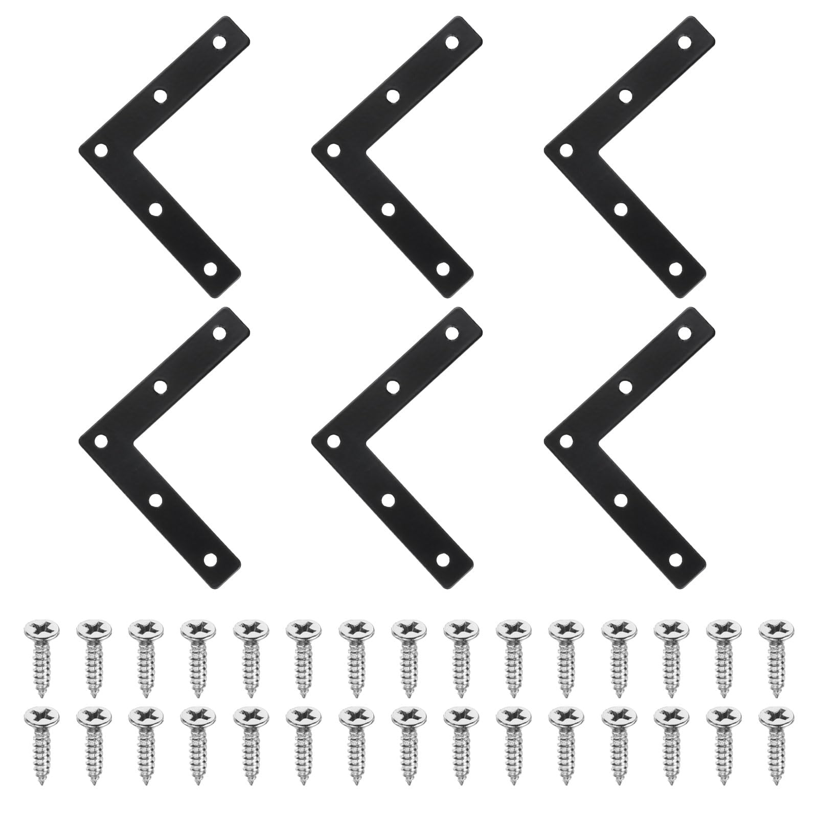 sourcing map 6Pcs l Shape Flat Bracket, 80mm x 80mm Metal Flat Corner Bracket Right Angle Corner Brace Mending Plate with Screws for Wood Frame Furniture Fixing Joining, Black