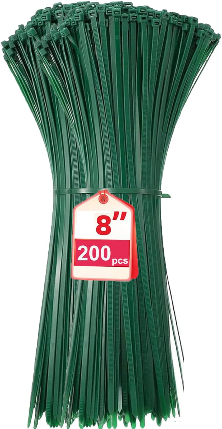 Green Zip Ties,200 Pcs 8 Inch PA66 Heavy Duty Plastic Wire Ties with 45 Lbs, Premium Self-locking Nylon Cable Ties Decoration Tie Wraps for Christmas Tree Gardening Fence Plants Grid Wall