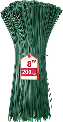 Bridas de cremallera verdes, 200 piezas de 8 pulgadas de PA66, bridas de alambre de plástico resistentes de nylon con 45 libras, bridas de cable de