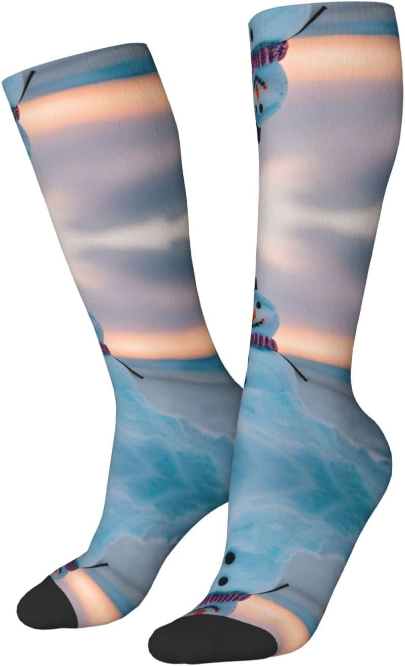 Beach Snowman Print Breathable Crew Neck Athletic High Socks,Suitable For Sports,Running,And Travel.