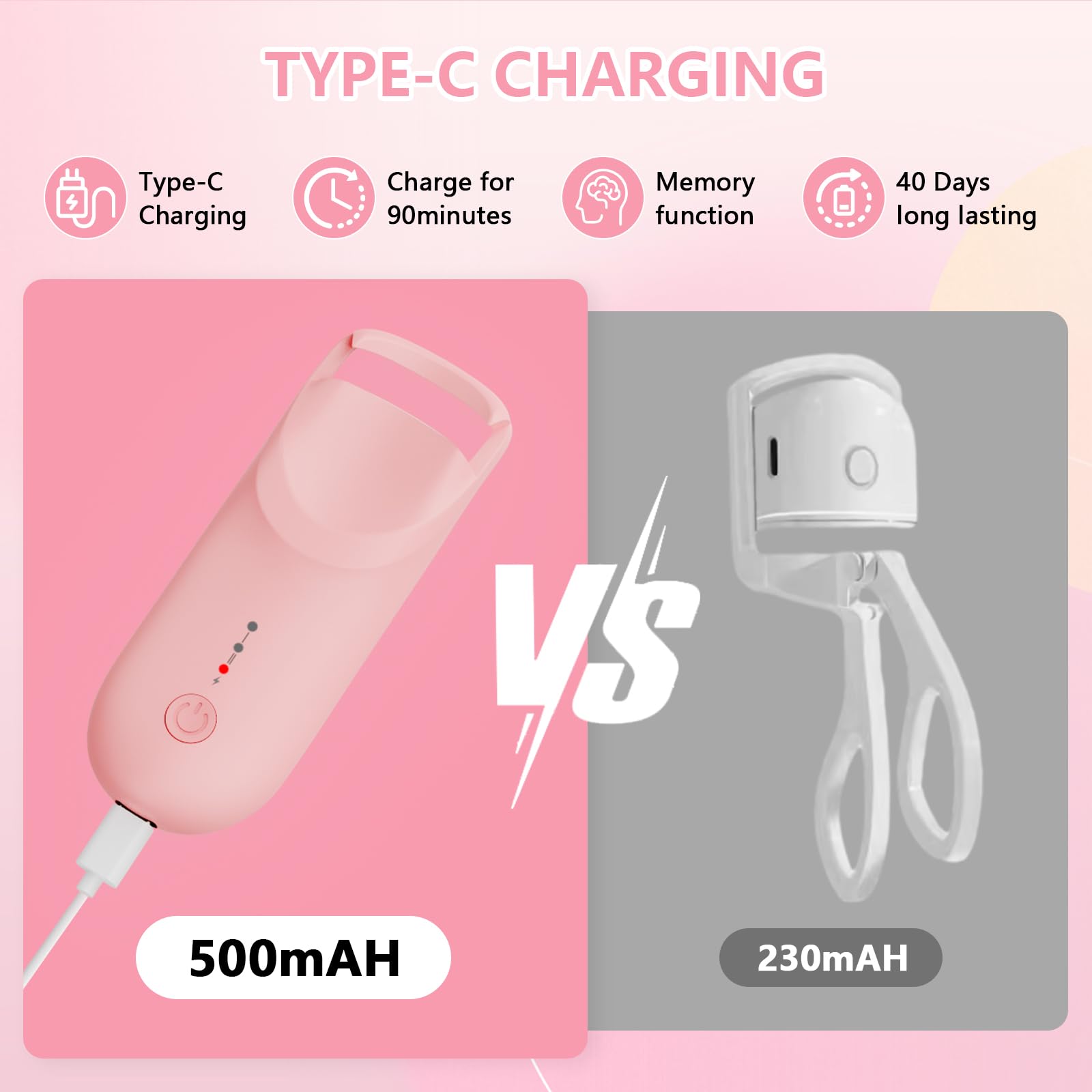 Rizador de pestañas eléctrico, almohadilla de silicona sensible al calor (rosa)