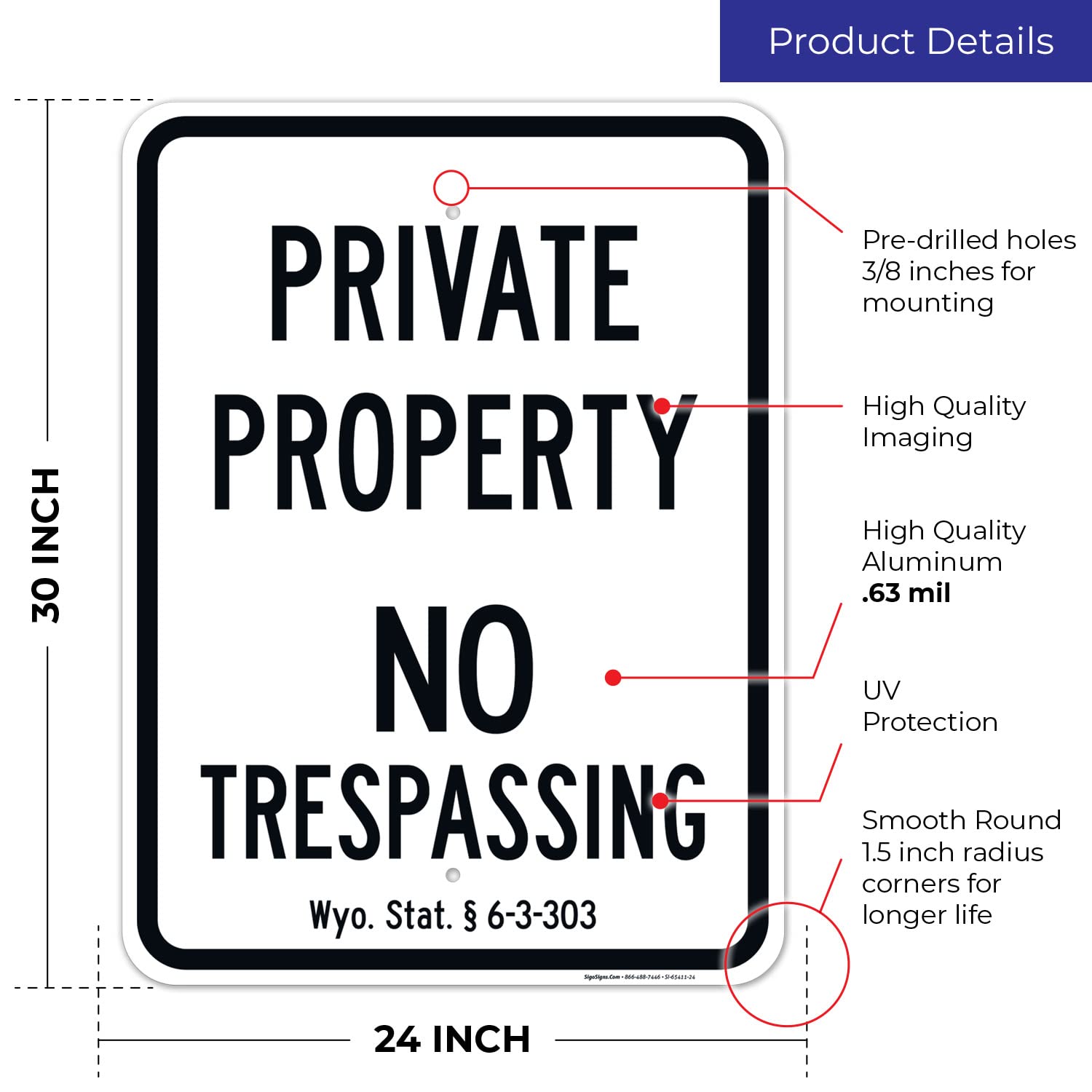 Wyoming Private Property No Trespassing Sign, 18x24 Inches, Rust Free .063 Aluminum, Fade Resistant, Made in USA