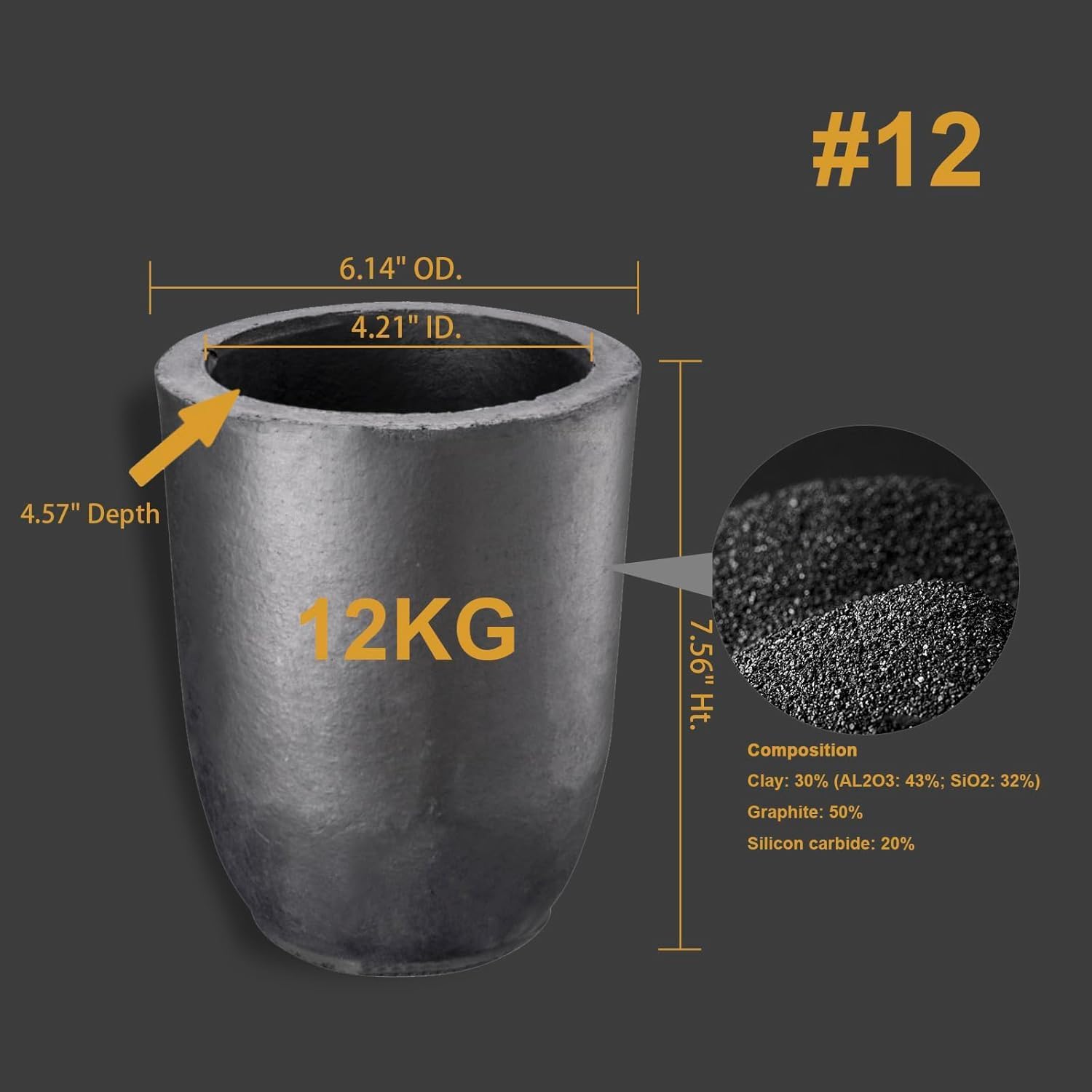 QNK Clay Graphite Crucible for Metal Melting Casting Refining Gold Silver Copper Brass Aluminum 1800℃(3300°F) High Temperature Resistance Without Spout 12KG