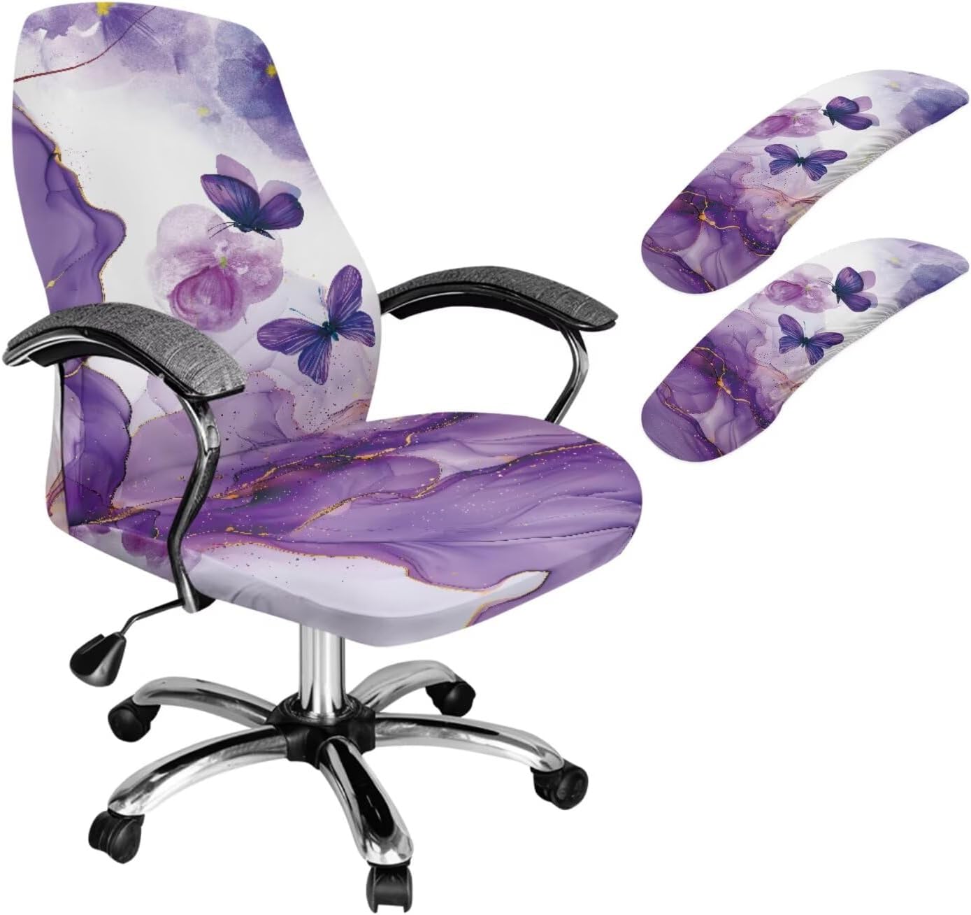 Marble Butterfly Print Computer Chair Cover with Armrest Covers, Stretchable Office Chair Cover Set, Anti-Dust Office Chairs Accessories, Purple
