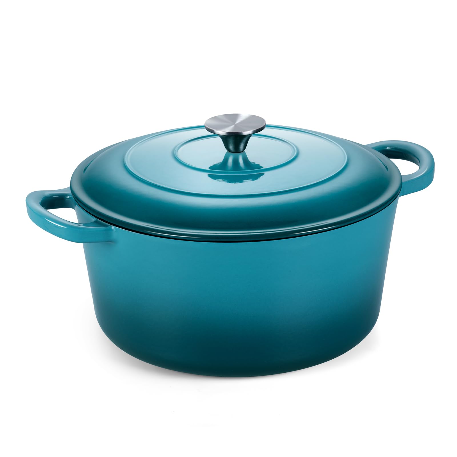 Onader Horno holandés redondo de hierro fundido esmaltado de 5 cuartos con tapa, resistente, color cian oscuro