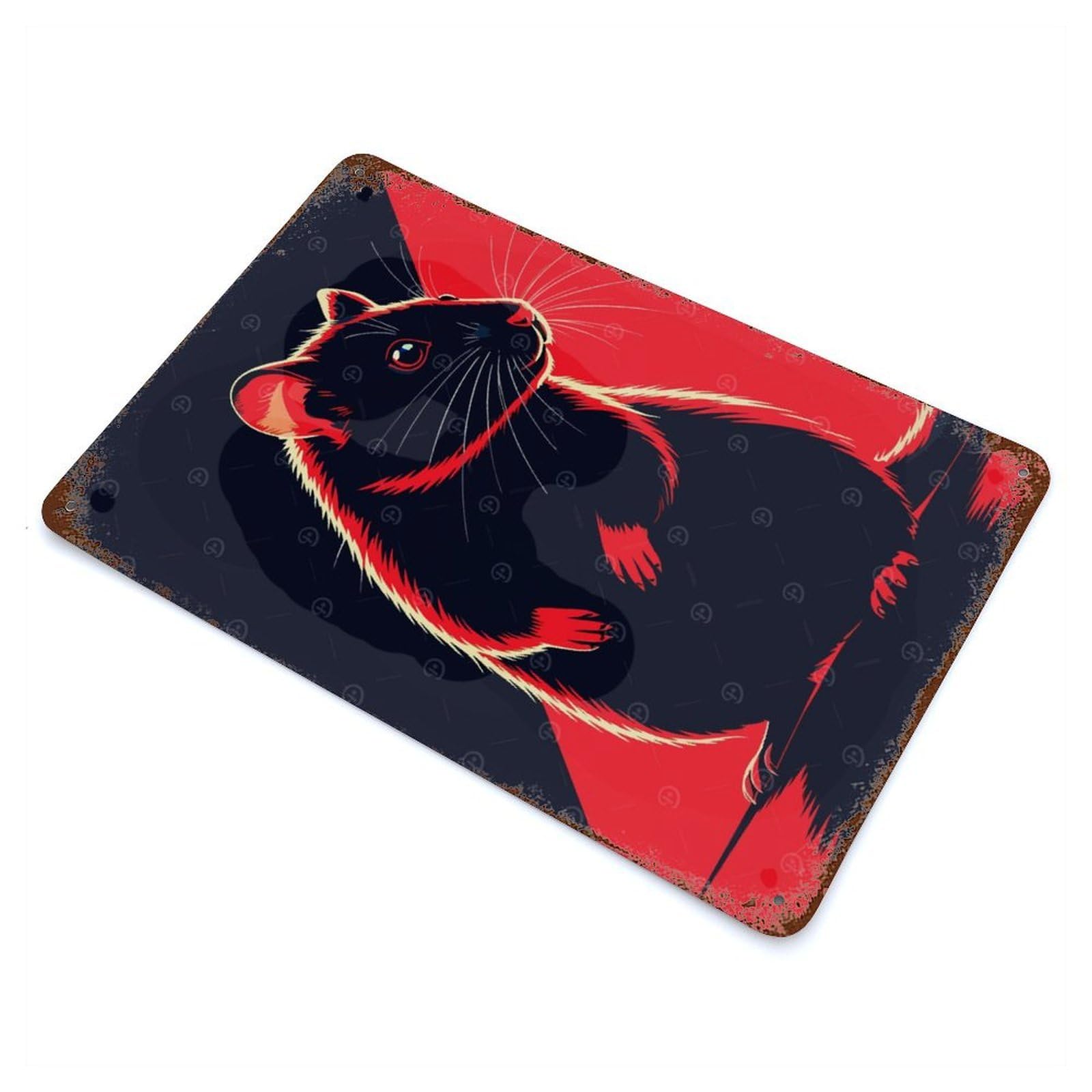 Vintage Rust Metal Sign Stylized Rat Illustration in Red And Black 11.8"x7.9", Novelty Wall Decor for Garage, Bar And Workshop Decor