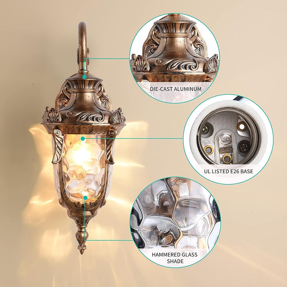 Kinkiet zewnętrzny, lampa ścienna w stylu vintage, latarnia ogrodowa, brązowa, wodoodporna, IP65, lampa zewnętrzna w stylu rustykalnym, brązowa, wykonana z aluminium i szkła, lampa retro do dekoracji