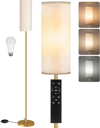 DE06LD05W1 Dimmable Floor Lamp for Living Room with Remote Control and Foot Switch Standing Tall Lamp with Bulb 3000K-6500K Beige and Gold FCC Certified