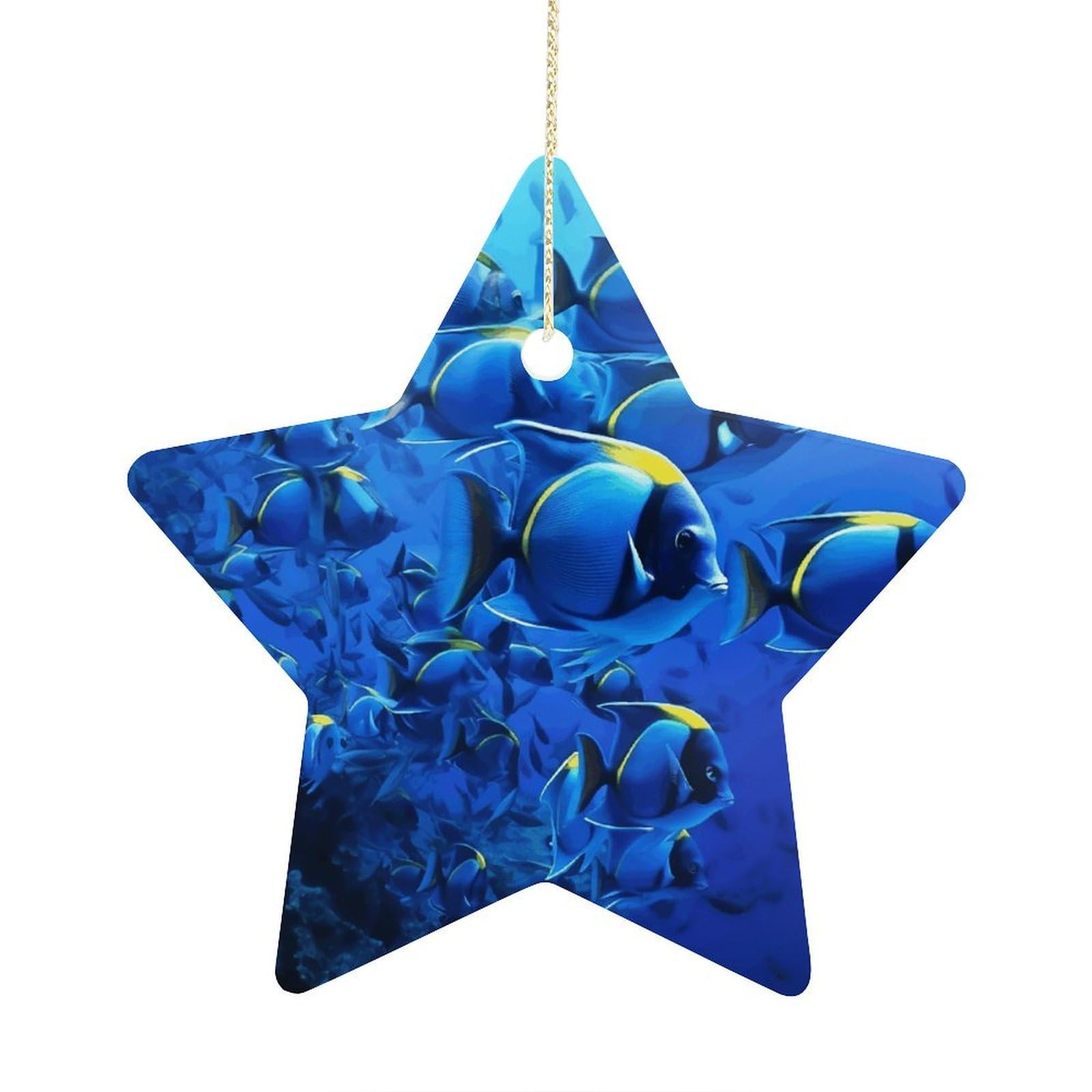 Blue Fishes Ocean Stars Ornaments Ceramic Christmas Tree Hanging Light in Weight Christmas Star Pendants Funny Double-Sided Printed Xmas Ornaments for Gifts