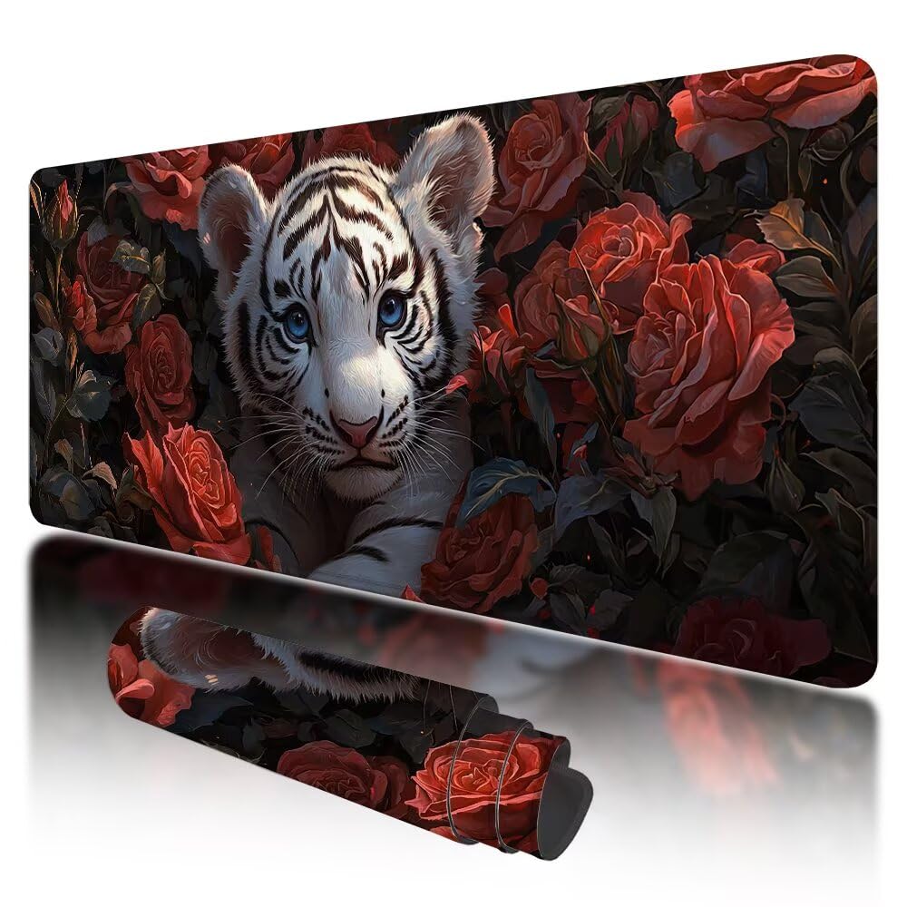 Podkładka pod mysz do gier, duża podkładka pod mysz XXL 1000 x 500 x 3 mm, różowa podkładka pod mysz do gier z przeszytymi krawędziami, podkładka pod mysz do gier XXL wodoodporny tygrys antypoślizgowy