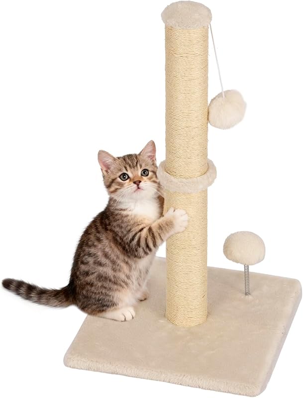 22 Inch Cat Scratching Post, Natural Sisal Cat Pole with Hanging Ball for Kittens & Small Indoor Cats, Sturdy Base, Beige