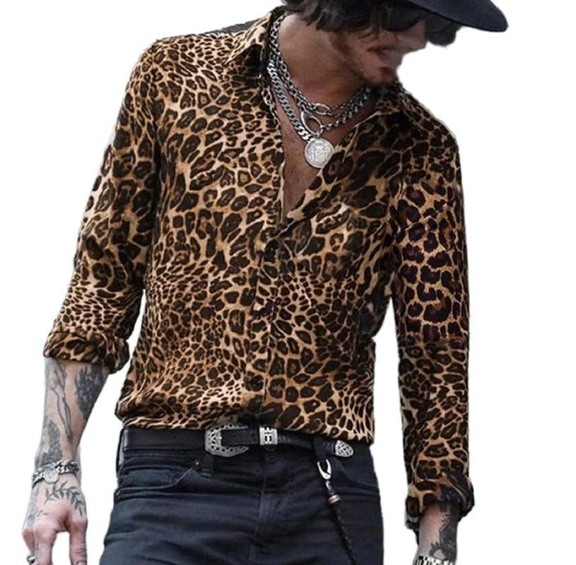 Camisa de manga larga con estampado de leopardo para hombre, estilo retro, con estampado de guepardo, camisa de vestir con estampado de animales, 4, M