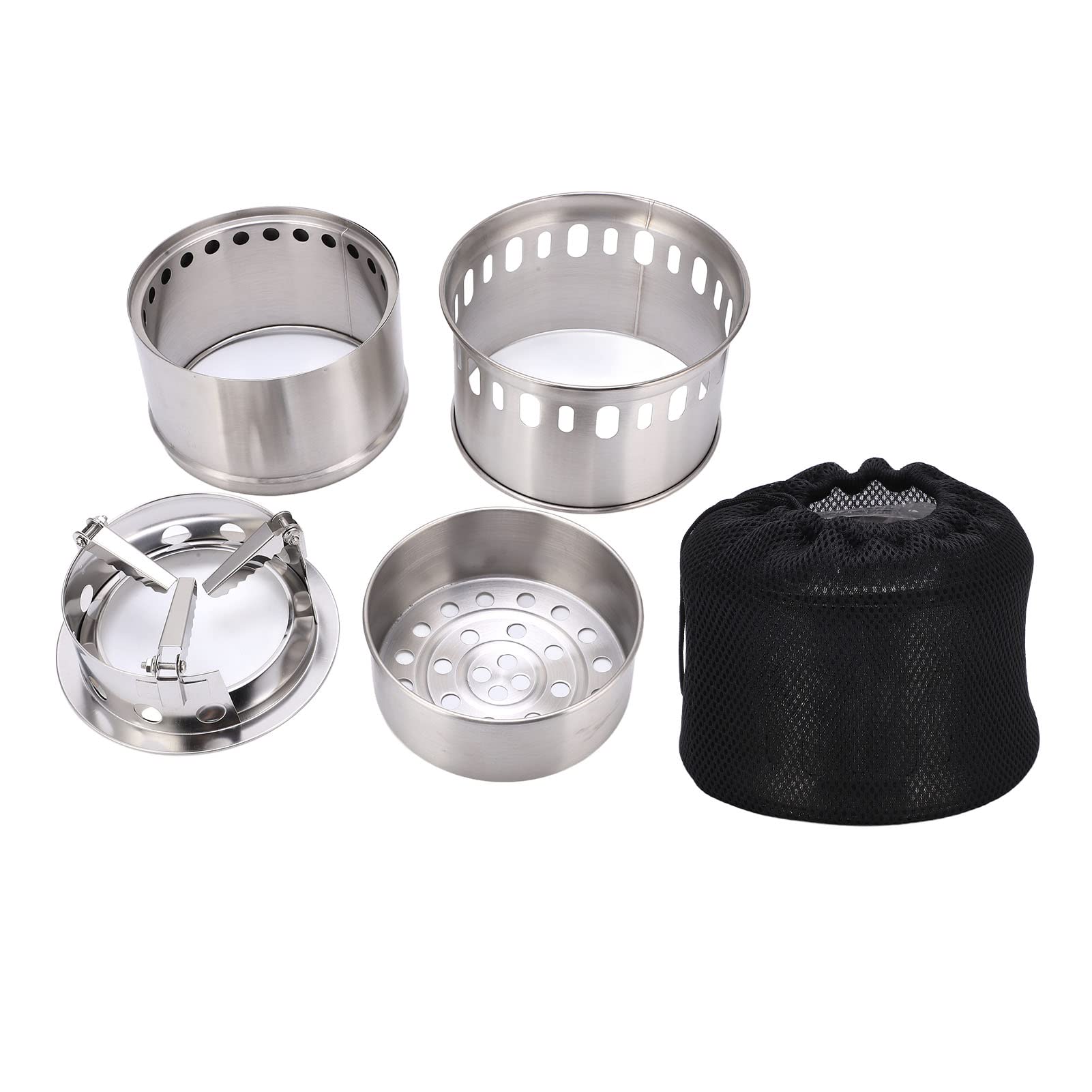 Stufa da campeggio portatile a legna, stufa compatta per backpacking per escursioni all’aperto, picnic e barbecue, stufa da campo pieghevole in acciaio inox con sacca a rete per 1–