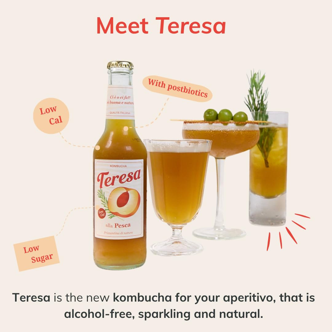 Teresa alla Pesca | Thè kombucha analcolico, naturale con postbiotici. Bevanda low calorie, low sugar e vegana. Confezione 8 bottiglie x 275ml.