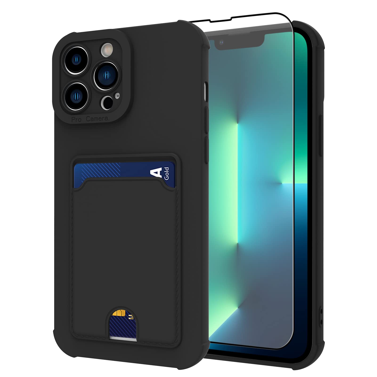 MZELQ Silicone Wallet iPhone 13 Pro Case, Card Holder Camera Protection Cover for iPhone 13 Pro + Screen Protector, Push Card Slot Case Phone Case Four Corners Protection -Black