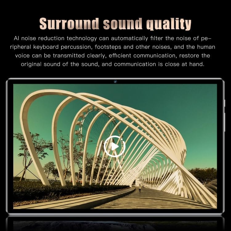 Tablet screen showing a video with 'Surround sound quality' text