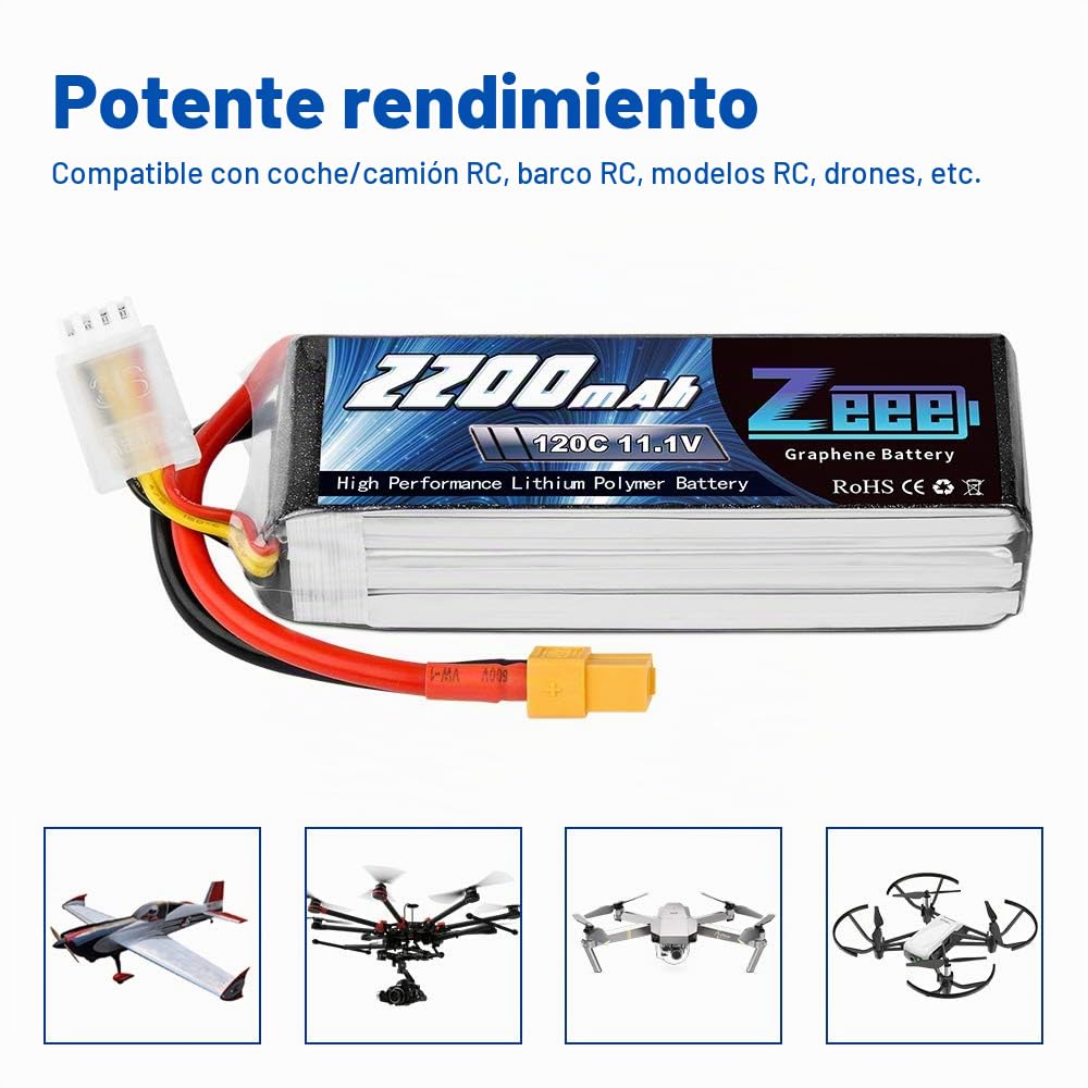 Zeee 3S Lipo Batería 11.1V 2200mAh 120C con Conector XT60 para UAV Drones FPV Bicicleta de Carretera Quadcopters Avión Helicóptero RC Barco (2 Paquetes)