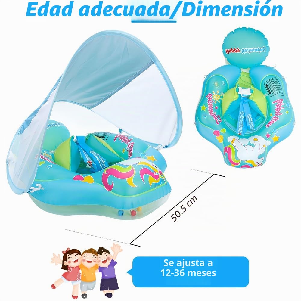 Anillo de natación para bebé con toldo extraíble, correas de hombro ajustables, entrenador de natación, flotador inflable para a partir de 3 – 36 meses.