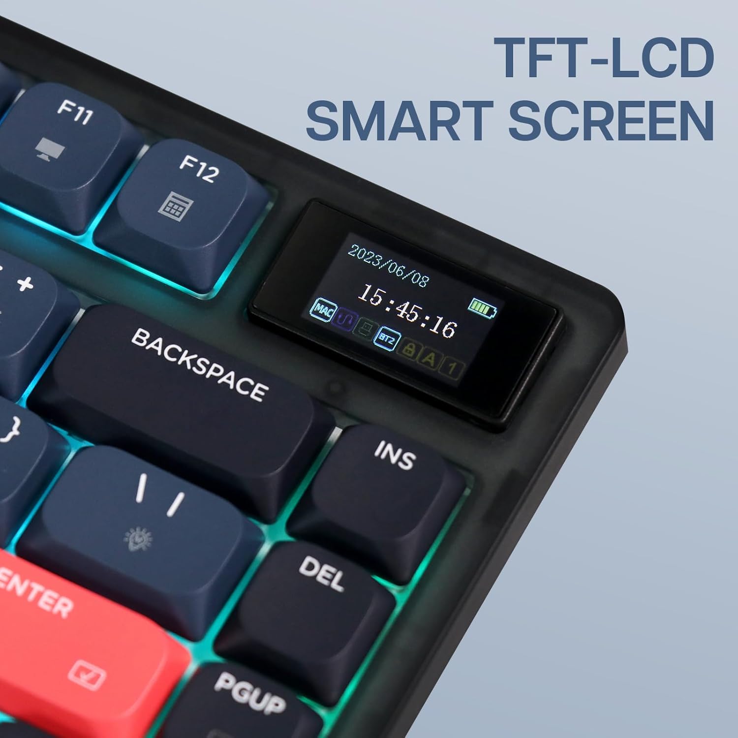 Close-up of the Ajazz AK832 Pro's TFT-LCD smart screen displaying date, time, battery, and connection status