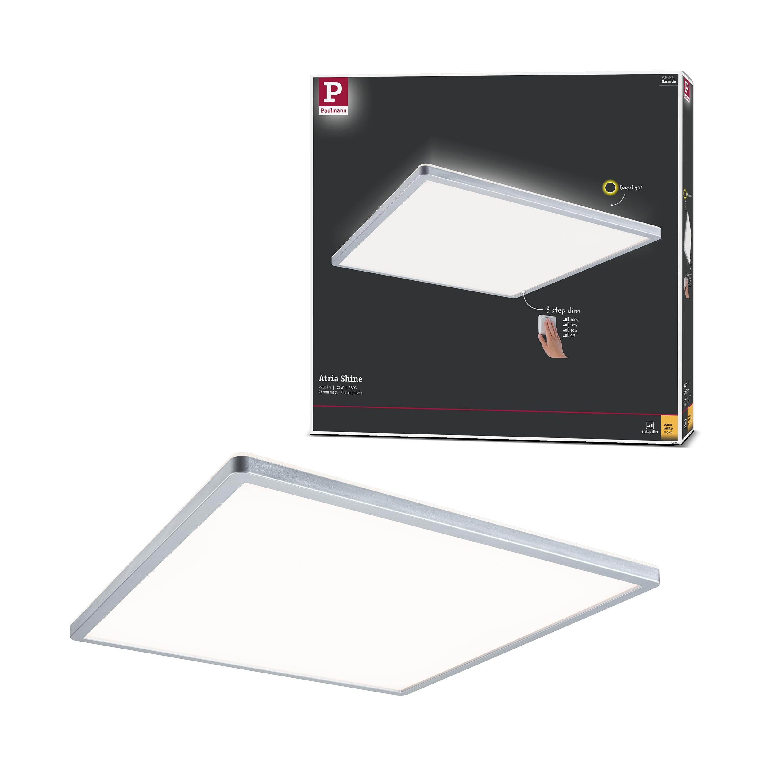Paulmann 70995 LED Panel Atria Shine 420x420 mm 3-Step-Dim Angular incl. 1x22 W dimmable Warm White Chrome matt Light Panel Plastic Ceiling Panel 3000 K