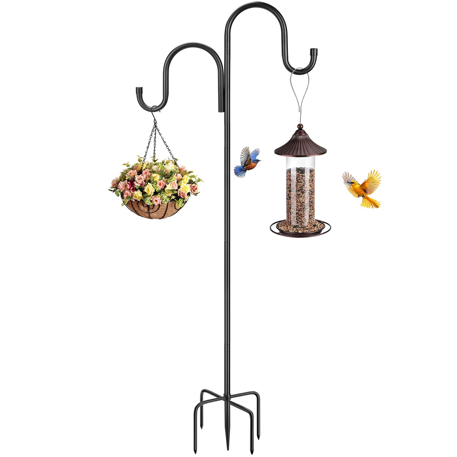 84 inch double shepherds hooks for outdoor, heavy duty bird feeder pole with 5 prongs base for hanging lantern, hummingbird feeder, lightweight plant, shepherds hook for bird feeders for outside