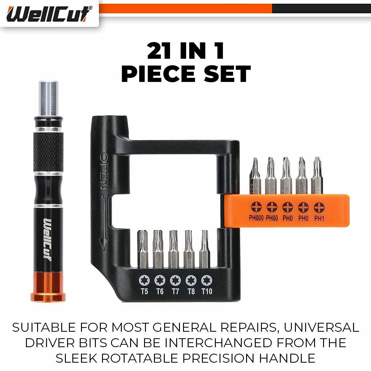 WELLCUT WC-MPS21U - Juego de 21 puntas de destornillador multiusos de precisión con poste giratorio y mango antideslizante, herramienta de reparación de trabajo para electrodomésticos, electrónica,