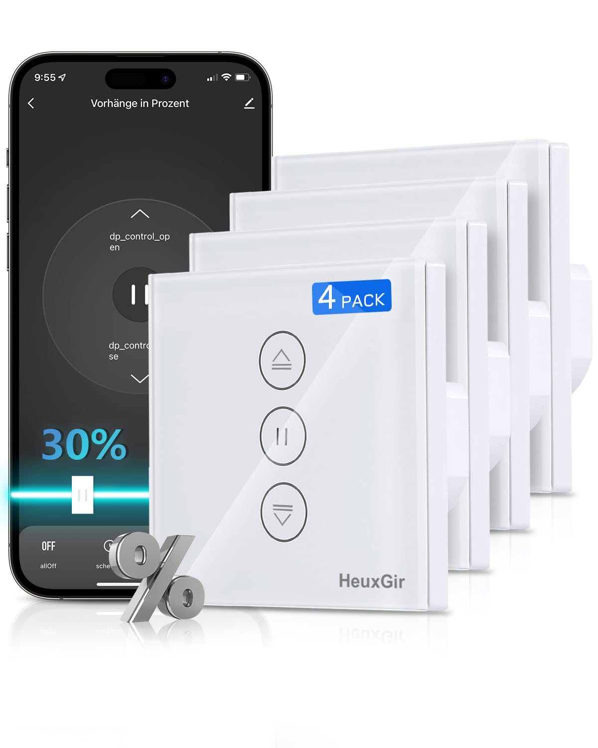 HEUXGIR Smart Jalousieschalter，Wlan Rolladenschalter mit Prozentfunktion 86 * 86mm Rolladensteuerung Kompatibel mit Echo Alexa/Google,Neutralleiter Erforderlich 4Pack