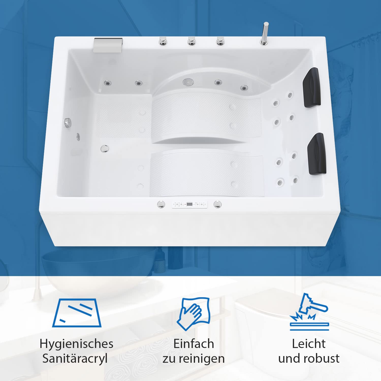 AQUADE Jacuzzi 2 Person Whirlpool Marburg Classic 180x130 mit LED Whirlpool Beleuchtung, Armatur Whirlpool Badewanne & Badekissen für Badewanne Whirlpool 2 Personen/Badewanne Komplett Set