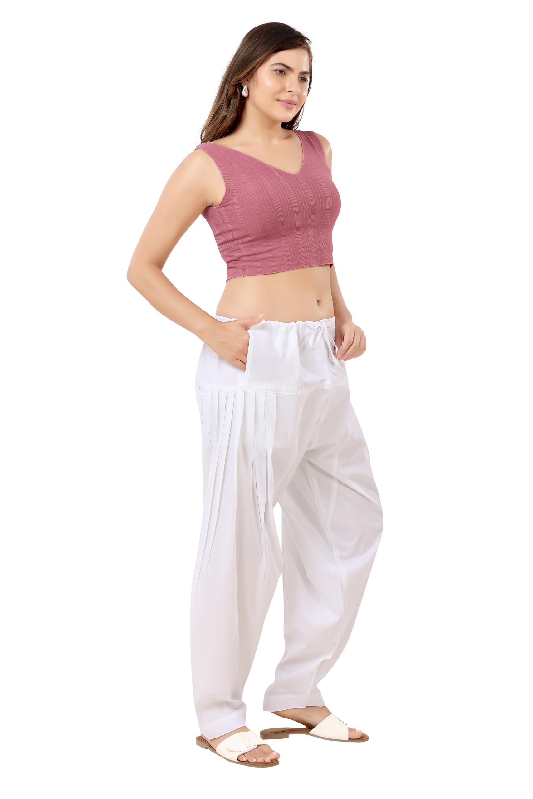 TRASA Semi Patiala Salwar Cotton One Side Pocket Traditional Indian Bottomwear Pant - Free Size Fit up to XXL - White - Image 5 thumbnail