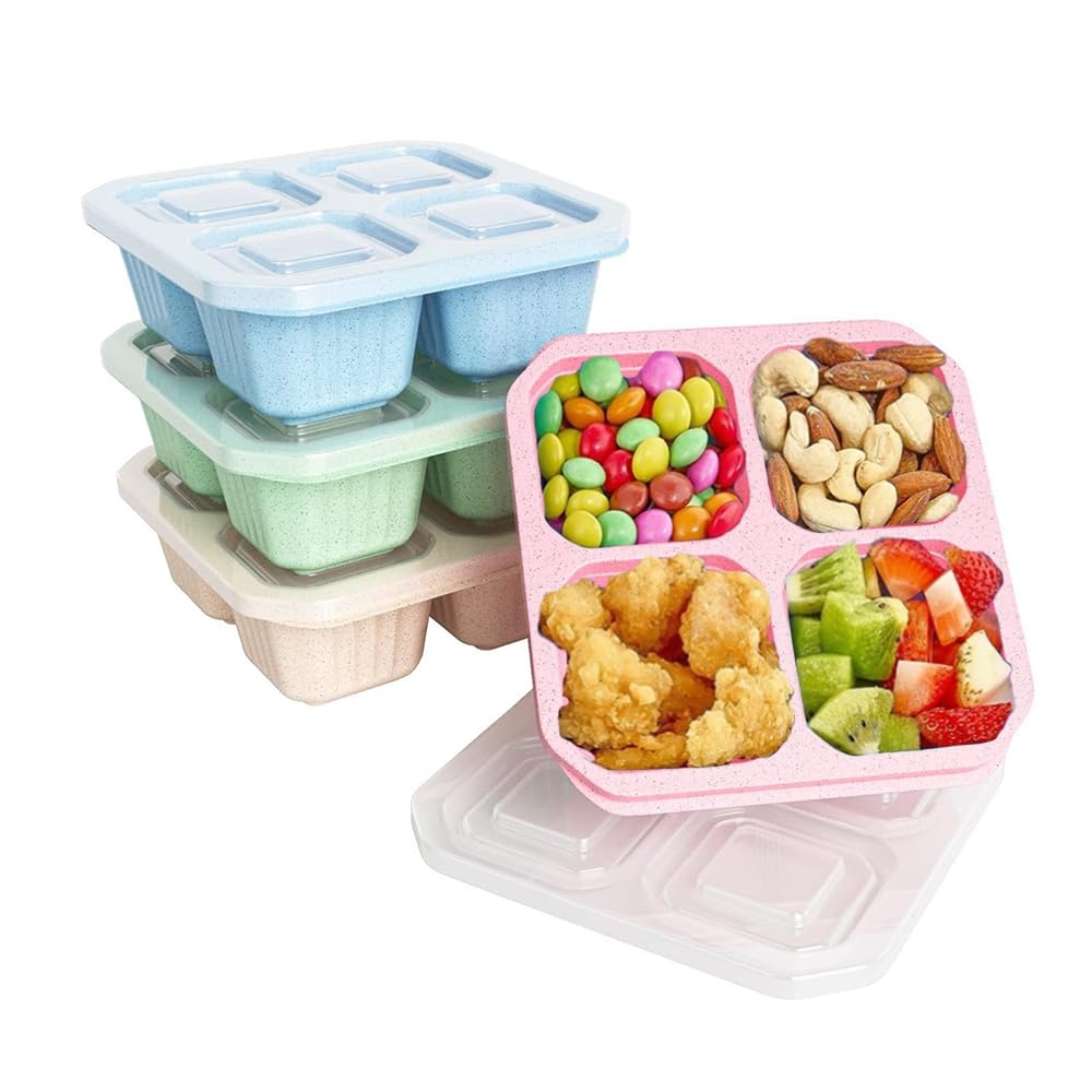 Bento snack box 4 pcs with compartments reusable, kids adult meal prep lunch containers, stackable food storage containers for school, picnic, work, etc.