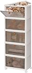3 Tier Plastic Stackable Storage Bins with Lids, Foldable Storage Box with Magnetic Doors and Wheels, Storage Container for Cabinet Closet Storage, Book, Clothes, Food Organization and Storage