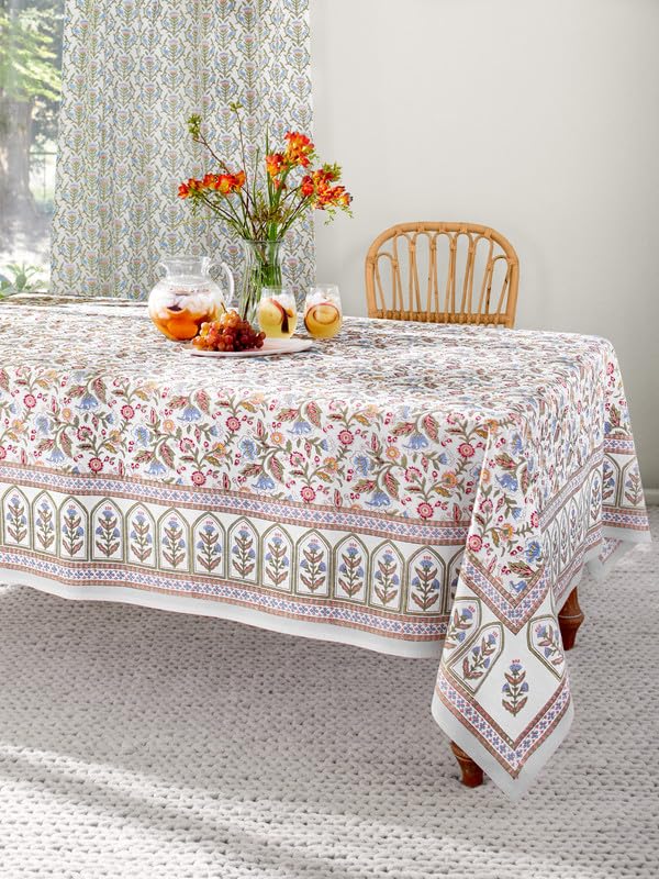Saffron Marigold Rectangle Hand Block Printed Tablecloth - Enchanted Ivory Luxurious 100% Cotton, Washable, for Home Decor, Kitchen, Coffee Or Dining