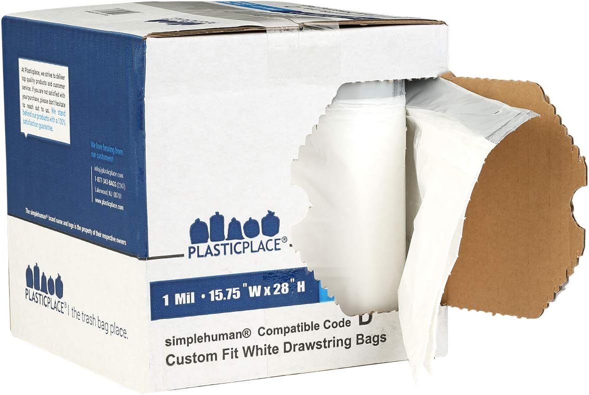 Plasticplace Custom Fit Trash Bags, Compatible with simplehuman Code D (200 Count) Tinted Blue Drawstring Garbage Liners 5.2 Gallon / 20 Liter, 15.75" x 28"