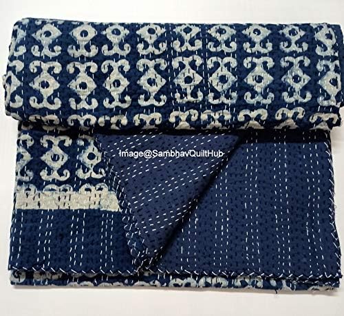 Blue Indigo Solid Print Handmade Quilted Indiho Kantha Handblock Home Decor Quilt Bedspread Boho Bedding Queen Size/King Size Bed Cover Kantha Quilt