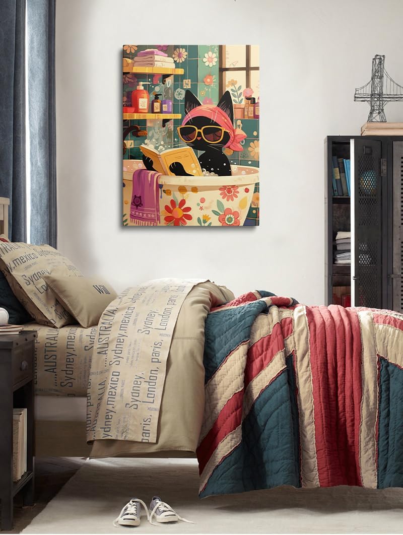 Funny Bathroom Cat Wall Art, Framed Cute Black Cat Bathroom Paintings, Vintage Japanese Cute Animal Art Artwork, Perfect Kids Bathroom Decor, Quirky Bathroom Wall Decoration, Ready to Hang (16"x24")