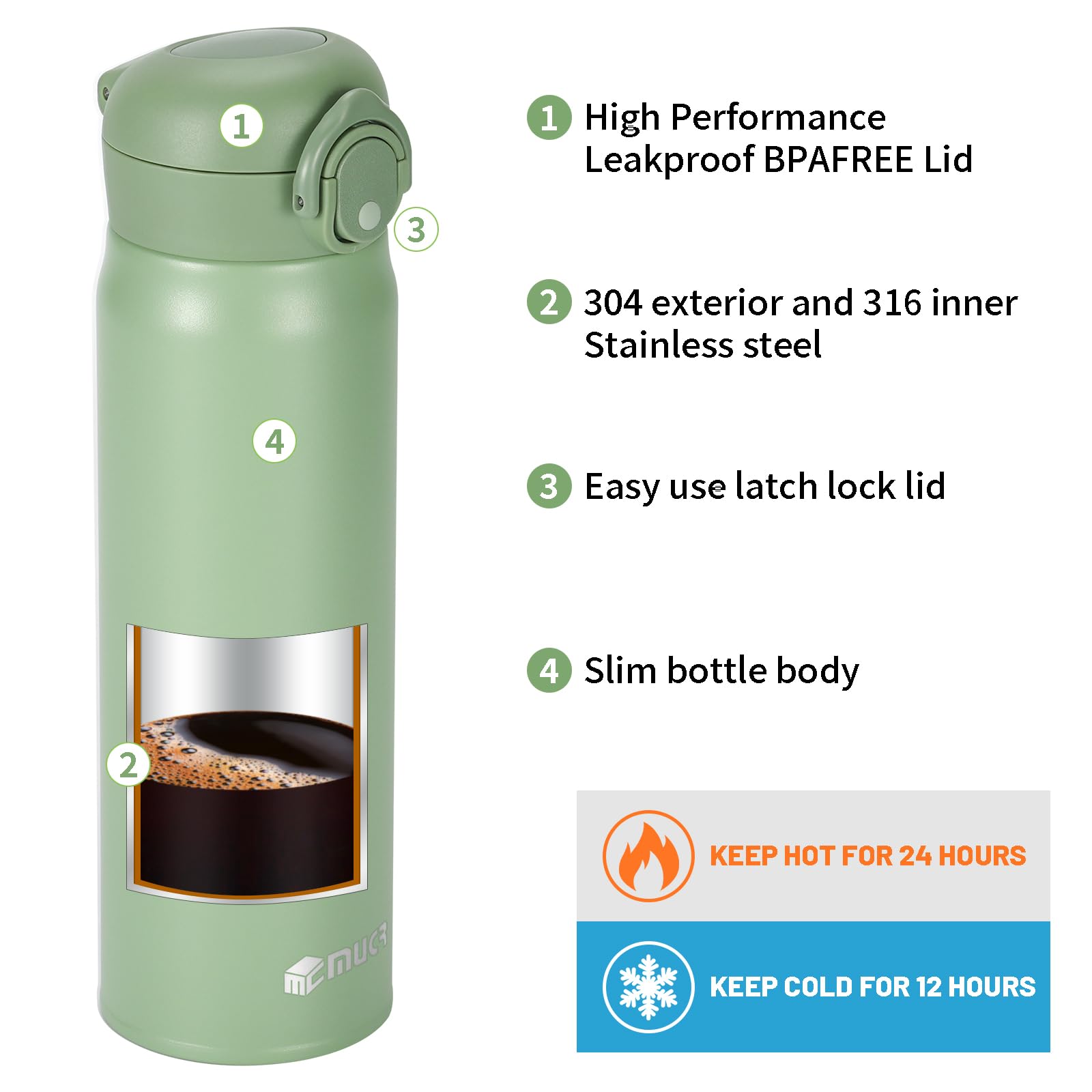 Botella de agua aislada de 500 ml, taza térmica de viaje de acero inoxidable, taza térmica con tapa abatible a presión, sin BPA para beber caliente y frío, verde