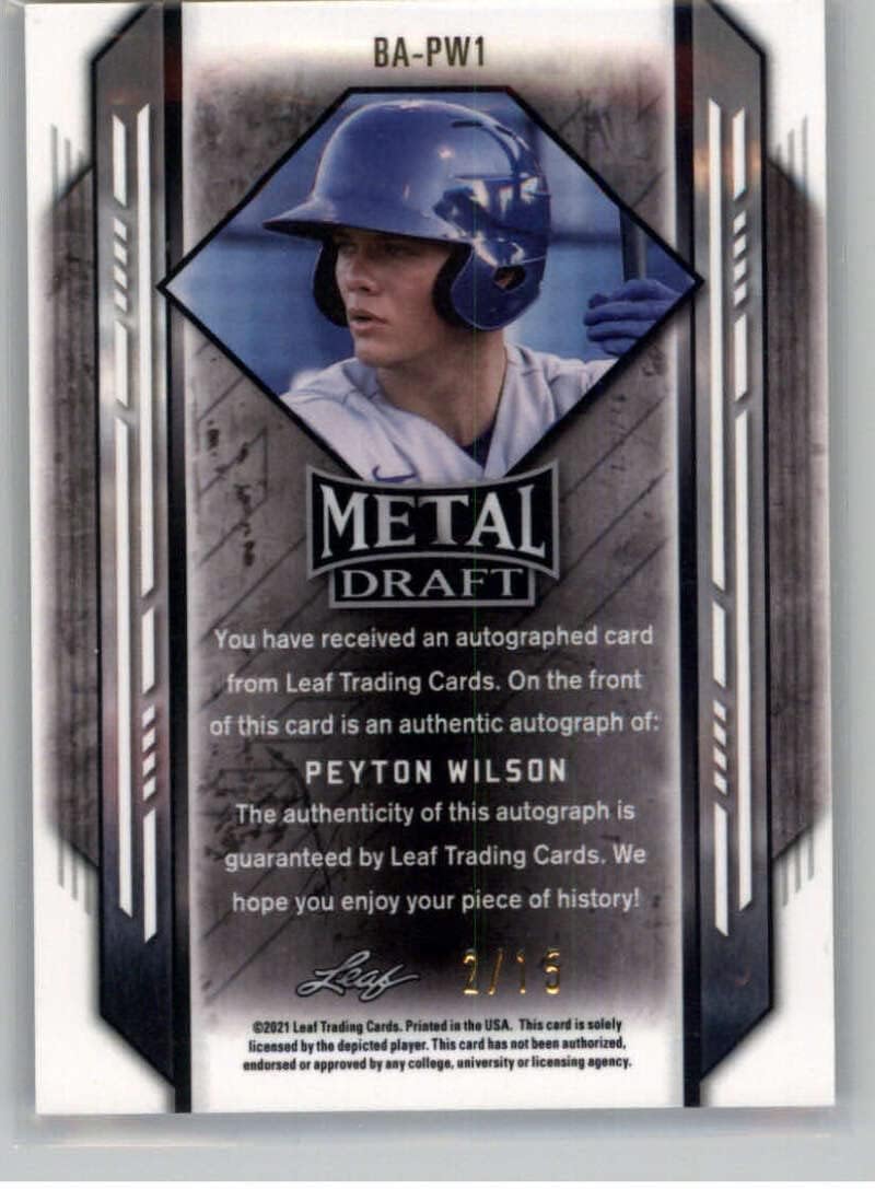 2021 Leaf Metal Draft Autograph Blue Crystal Baseball Card #BA-PW1 Peyton Wilson Auto Autograph PR 15