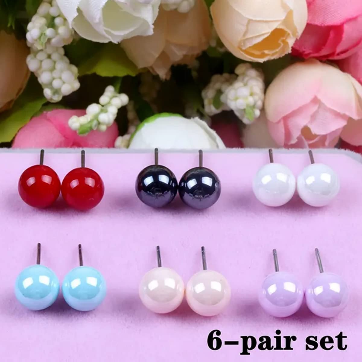 JewelryWe Pendientes de tuerca mezcla de colores acero inoxidable de mujer bola de perla coloridos pendientes 12 pares hipoalergénicos