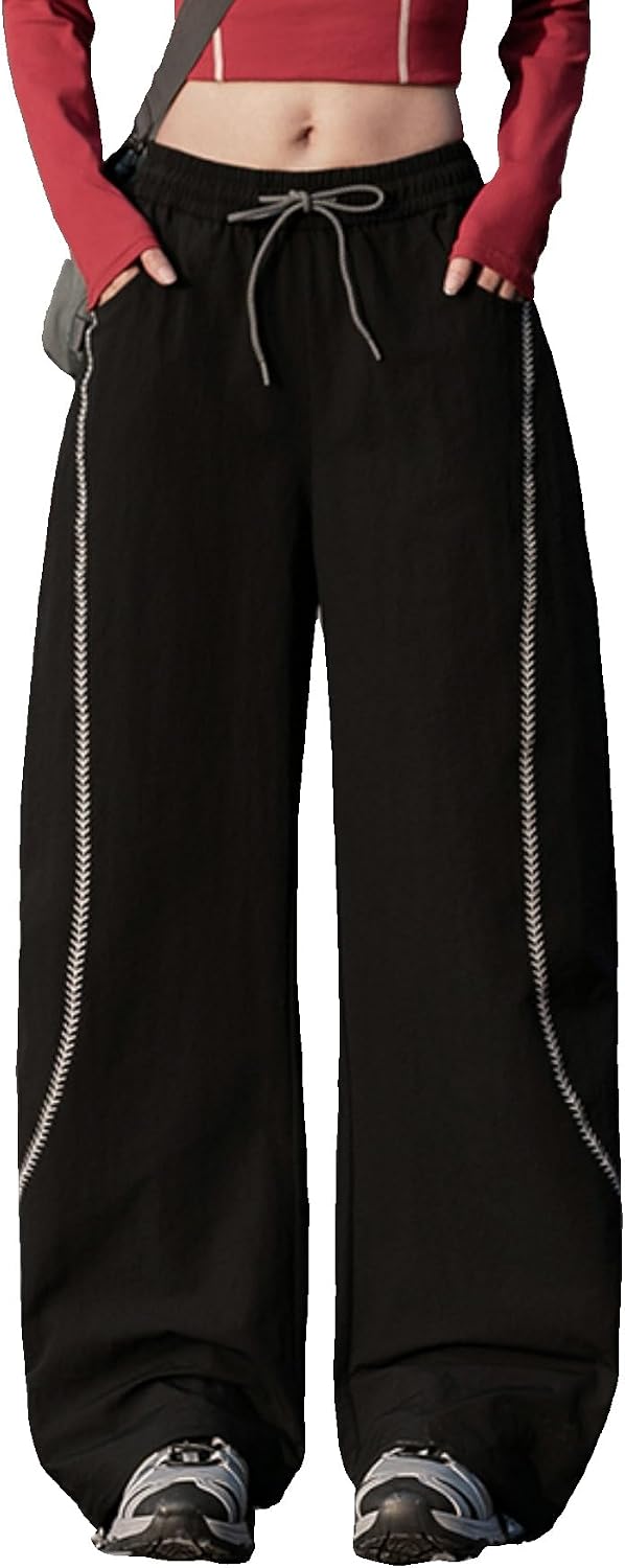 FEOYA Lightweight Parachute Pants Women Hip Hop Dance Streetwear | Loose,Quick Drying,Embroidered Leaf,Foot Drawstring