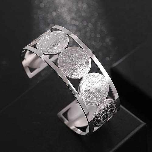 Miniatura 2 de Cross St. Benedict Christian Bracelet, Virgin Mary Catholic Stainless Steel Cuff Bangle