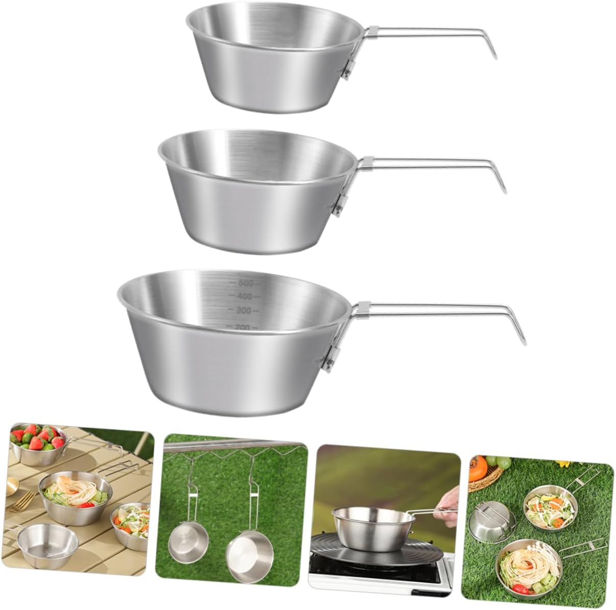 Stainless Steel Camping Bowls 3pcs Foldable Handle for Hiking