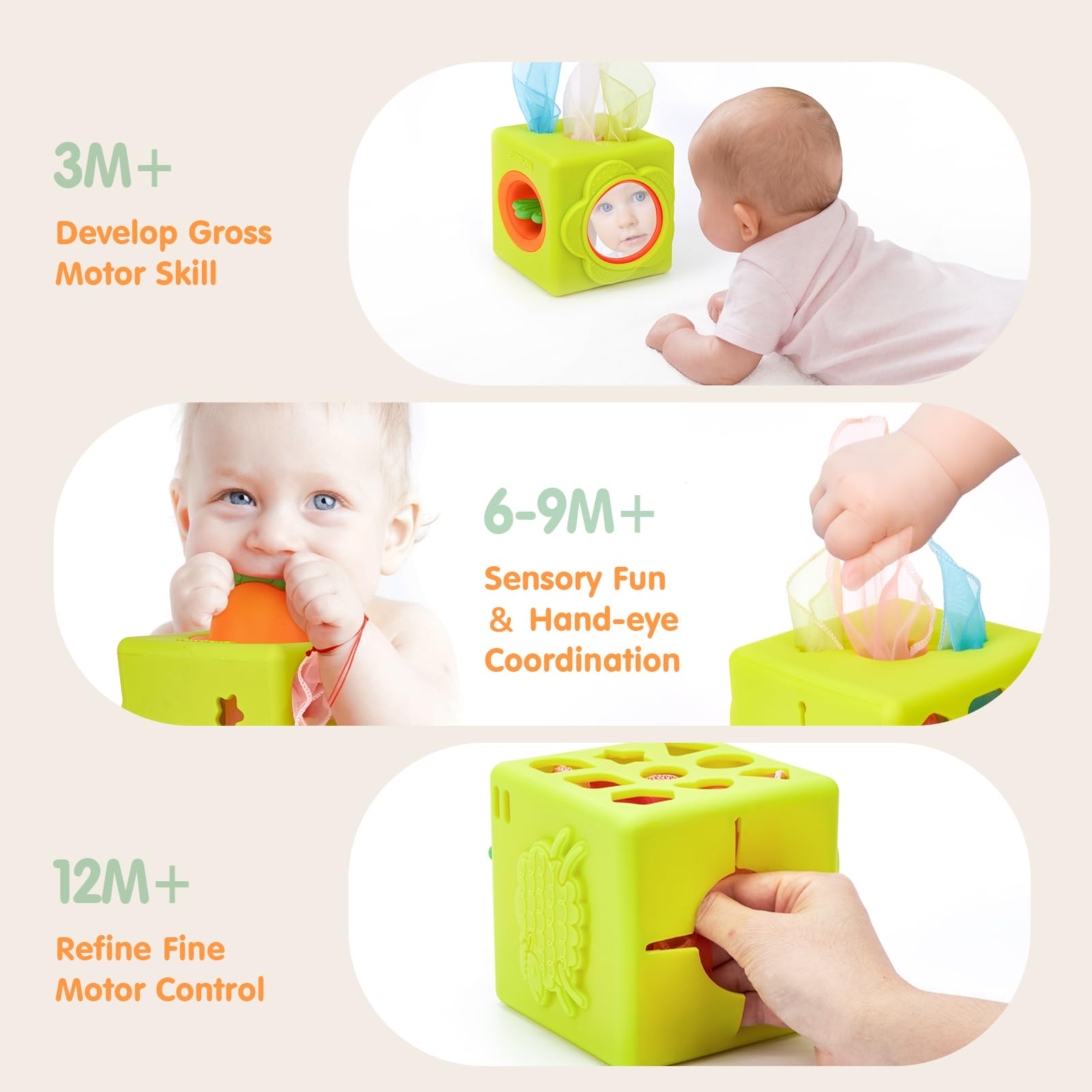hahaland Jouet Montessori Bebe 6-12 Mois – Boite Mouchoir Bebe – Jouet sensoriel 6 en 1 avec lingettes, Miroir, Anneau de Dentition, Cadeau bébé Fille Garcon 1 an