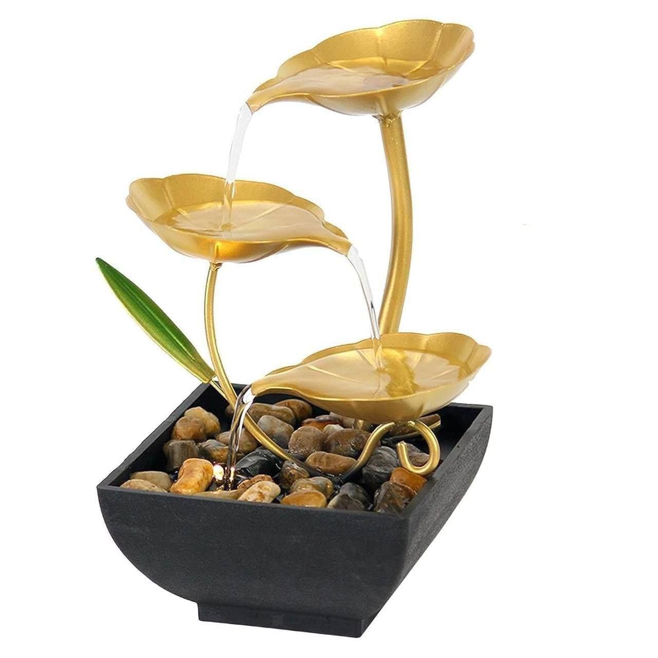 Gold Metal Lotus Tabletop Water Fountain with Automatic Pump, Black Basin, Natural River Rocks, Indoor Zen Decor for Home Office Bedroom-image-15