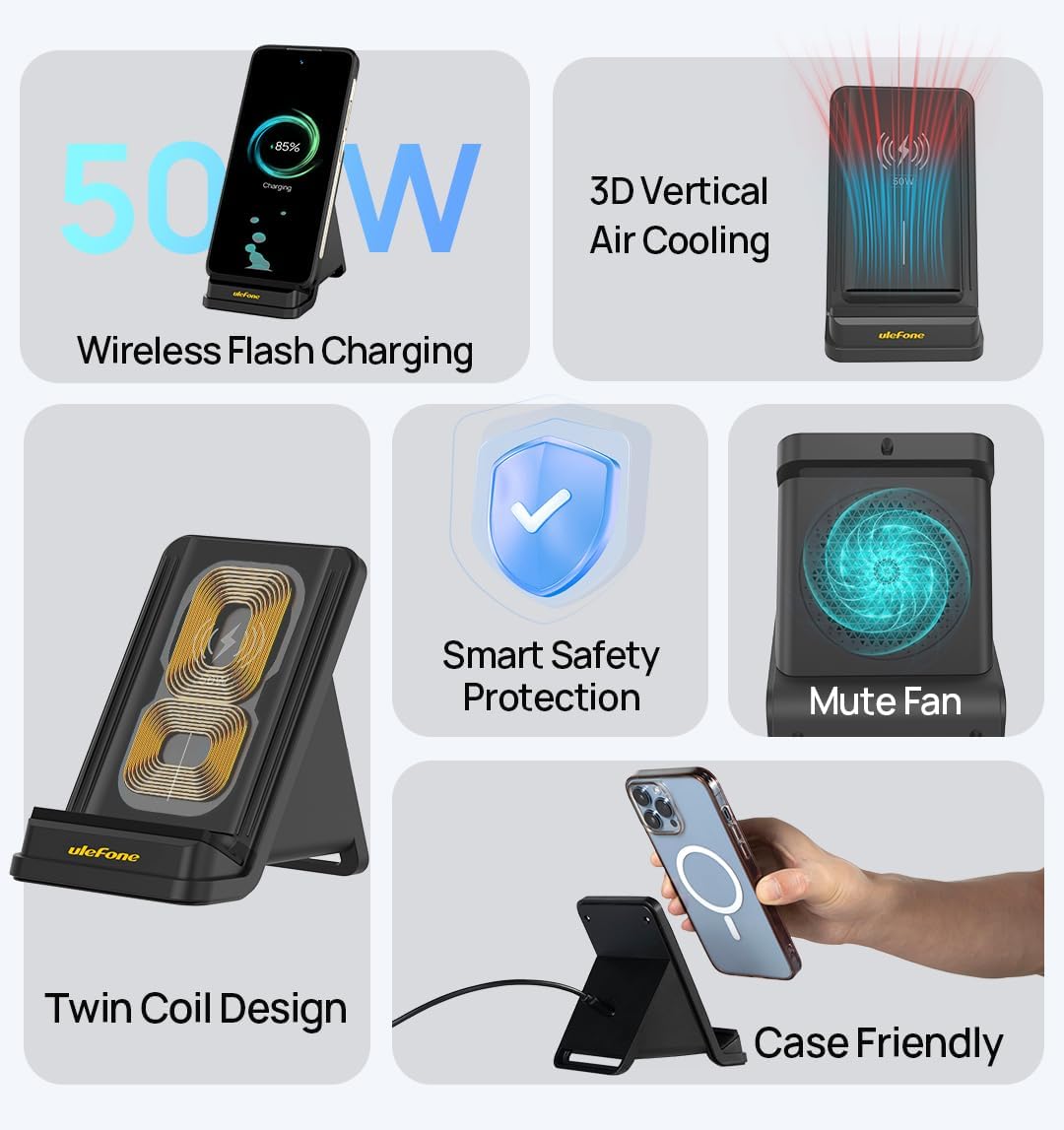 Ulefone 50W Wireless Charger for Ulefone Armor Armor 28 Series, Armor 27 Series, Armor 25 Series, 23 Ultra, 50W Max Fast Wireless Charging Stand, Fast Charge (No AC Adapter)