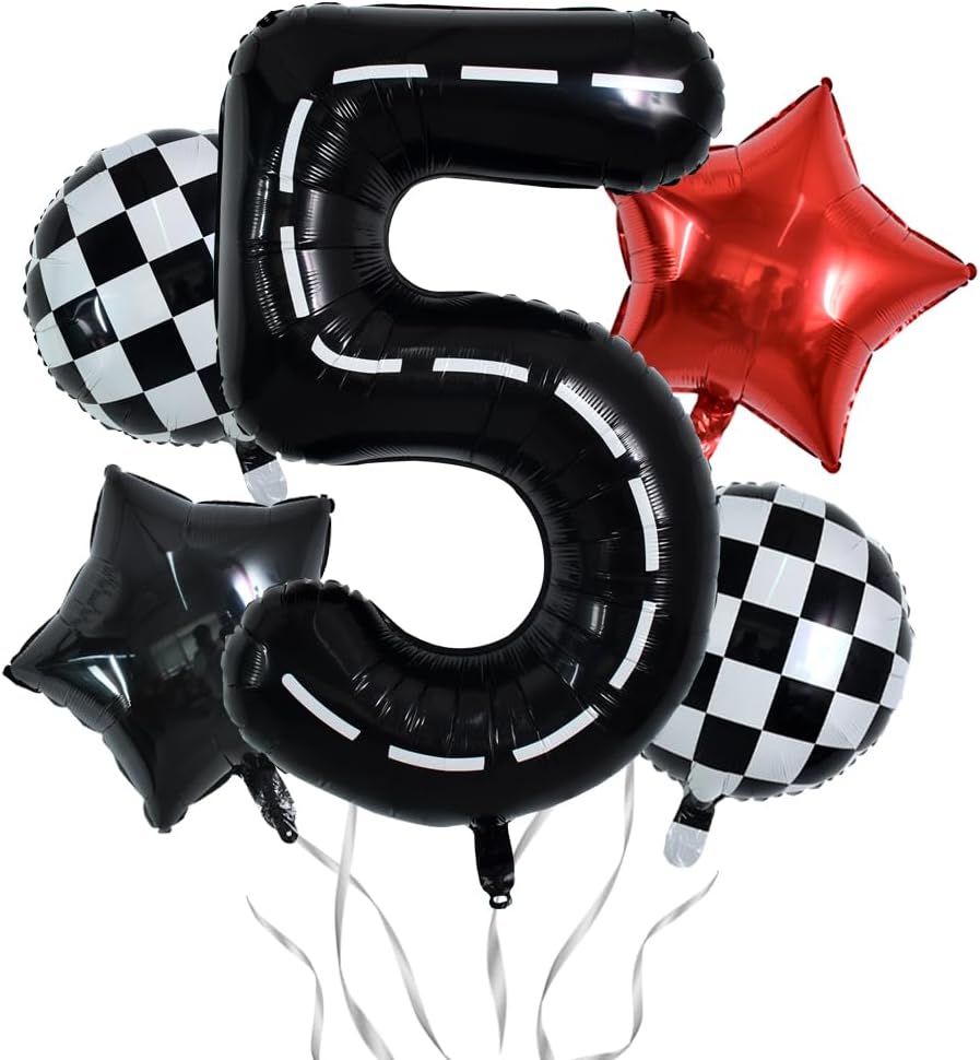 TONIFUL 40 Inch Race Car 5th Birthday Balloons - Racetrack Number 5, Wheel Tire, Black White Checkered, Star - Boys Car Themed Party Decor